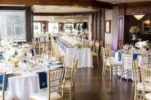 View of the room with guest tables and head tables in the reception room