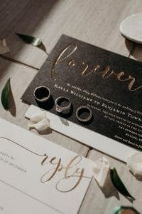 Black and white wedding stationery suite with gold foil and three wedding rings