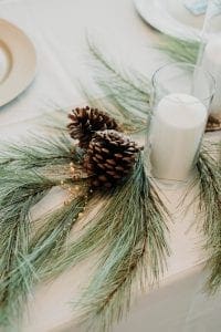 Table set up at a wedding with candles and pine cones and fir sprigs as table decor