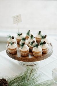 Cupcakes with white frosting on top mini pinecones and green pine sprigs on a brown cake stand